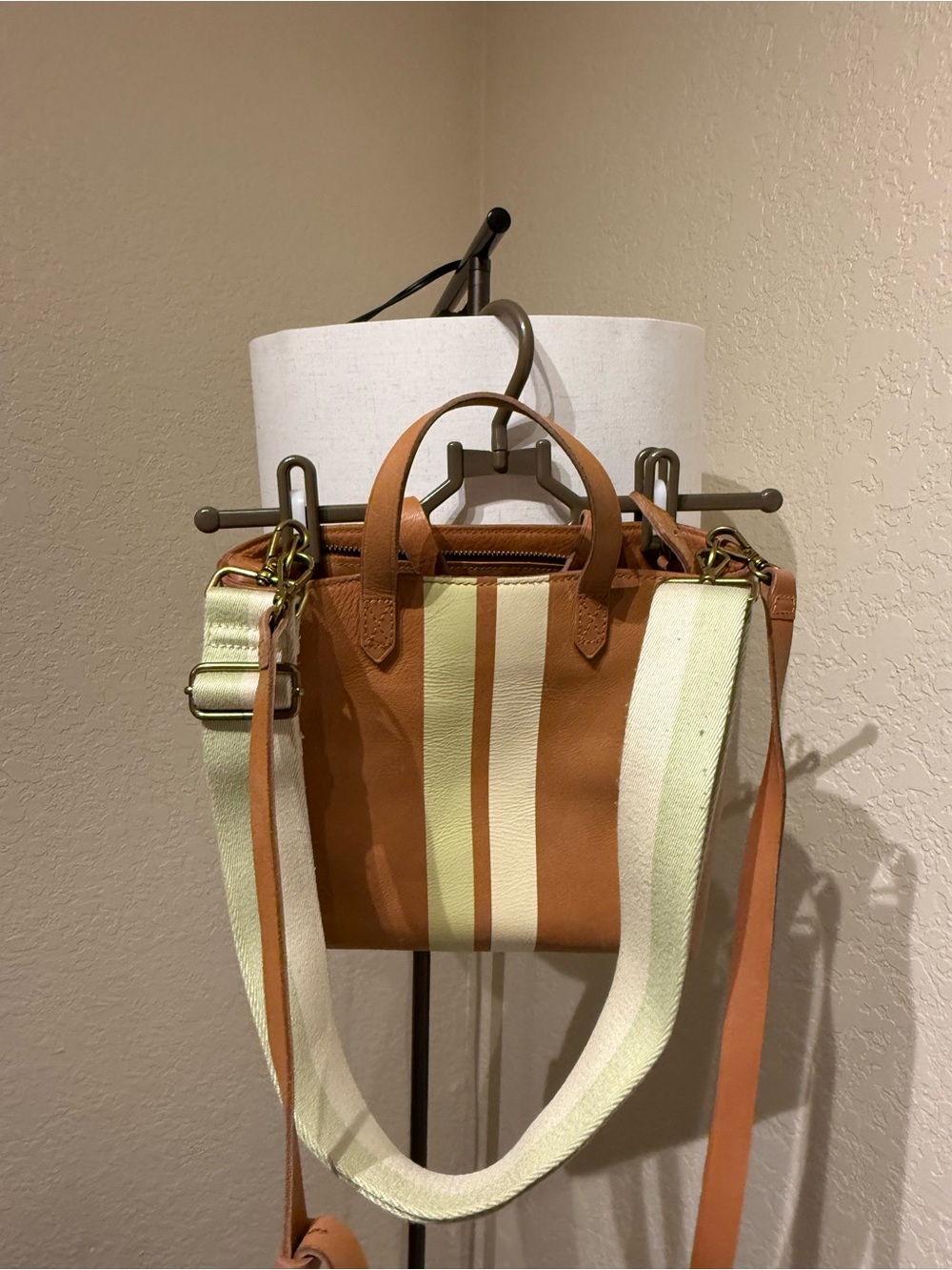 Structured Tan Leather Tote with Cream & Light Green Stripe
